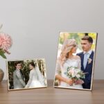 5x7inch Double Gold Metal Picture Frame with High-Definition Tempered Glass – Thin Edge with Beading Minimalist Design with Velvet Back, Tabletop & Wall Mount